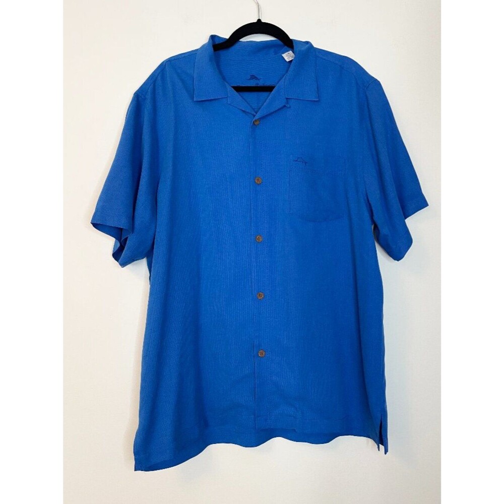 Tommy Bahama Men's Silk Blend Camp Shirt Blue Short Sleeve Button Front Size L
